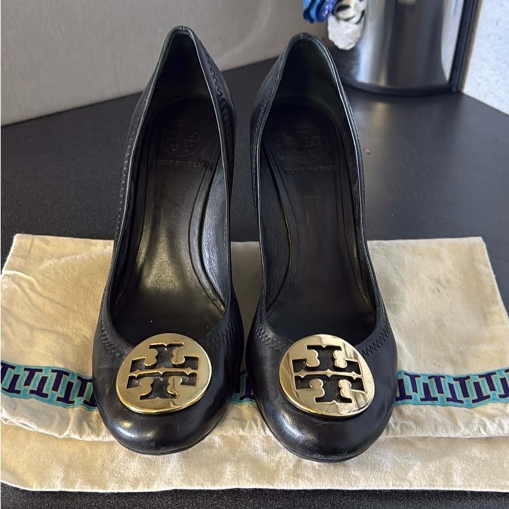 Tory Burch Black Heels with Gold Emblem